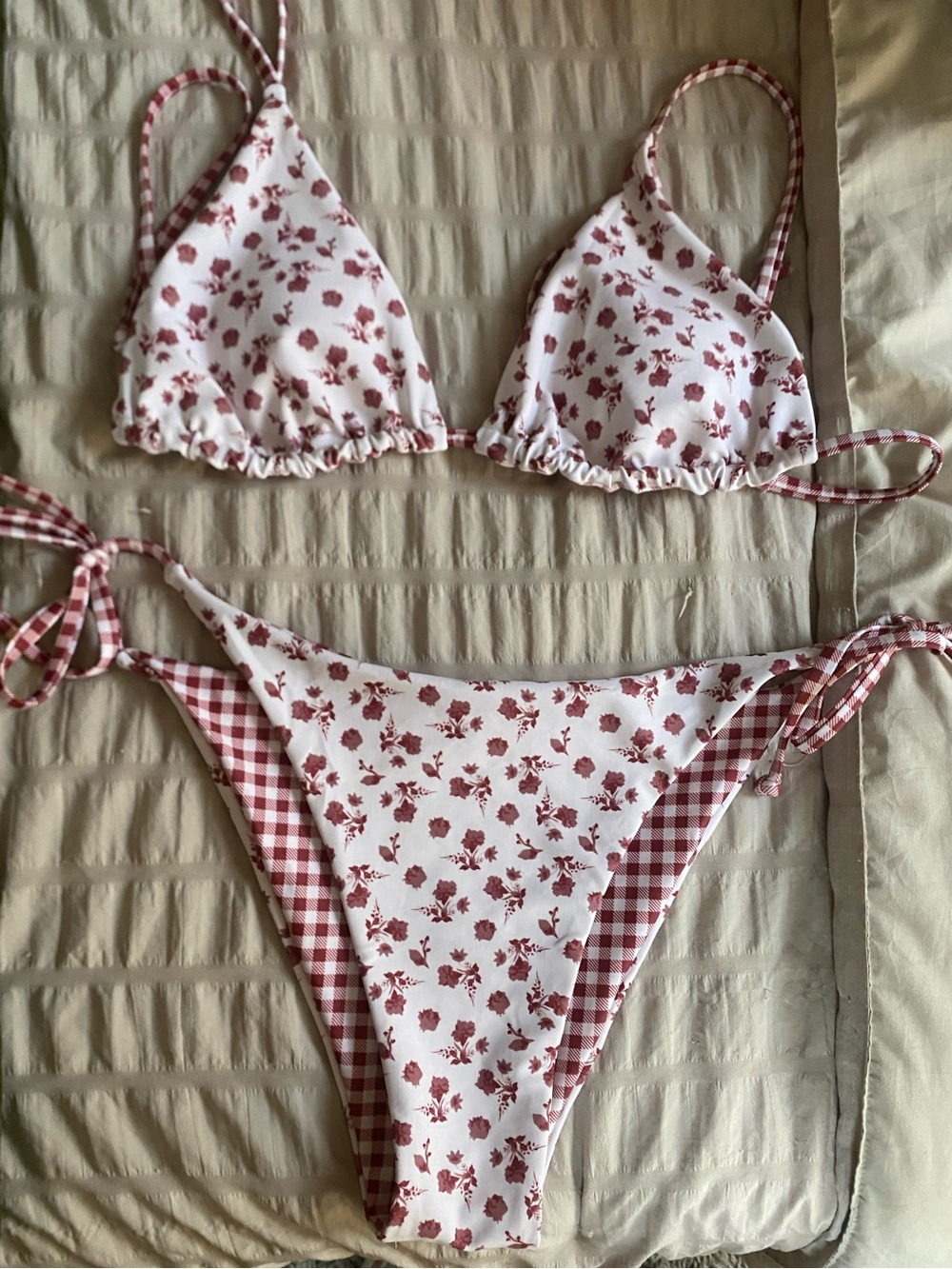 Floral & Gingham Tie-Side Bikini Set in Dusty Rose